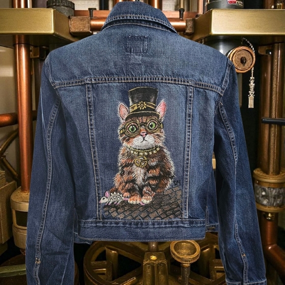 Handpainted Steam Punk Cat On A Denim Jean Jacket - Picture 1 of 3